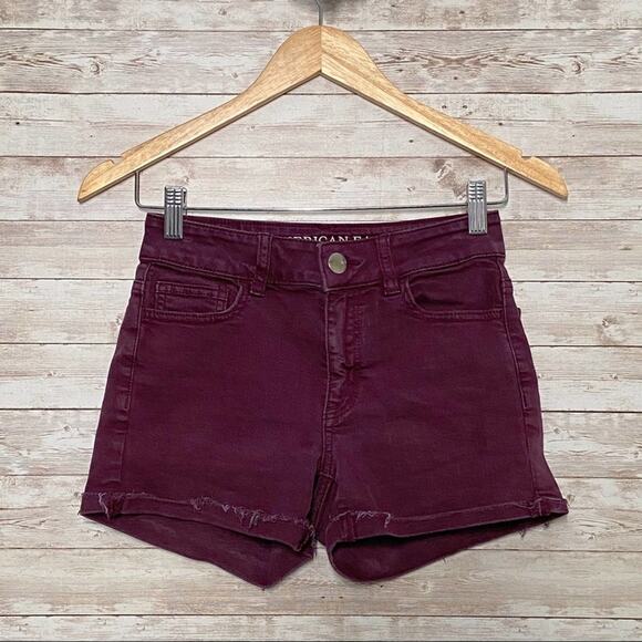 American Eagle Outfitters Hi-Rise Shortie Shorts Burgundy Denim Preppy Size 0 - Picture 1 of 10